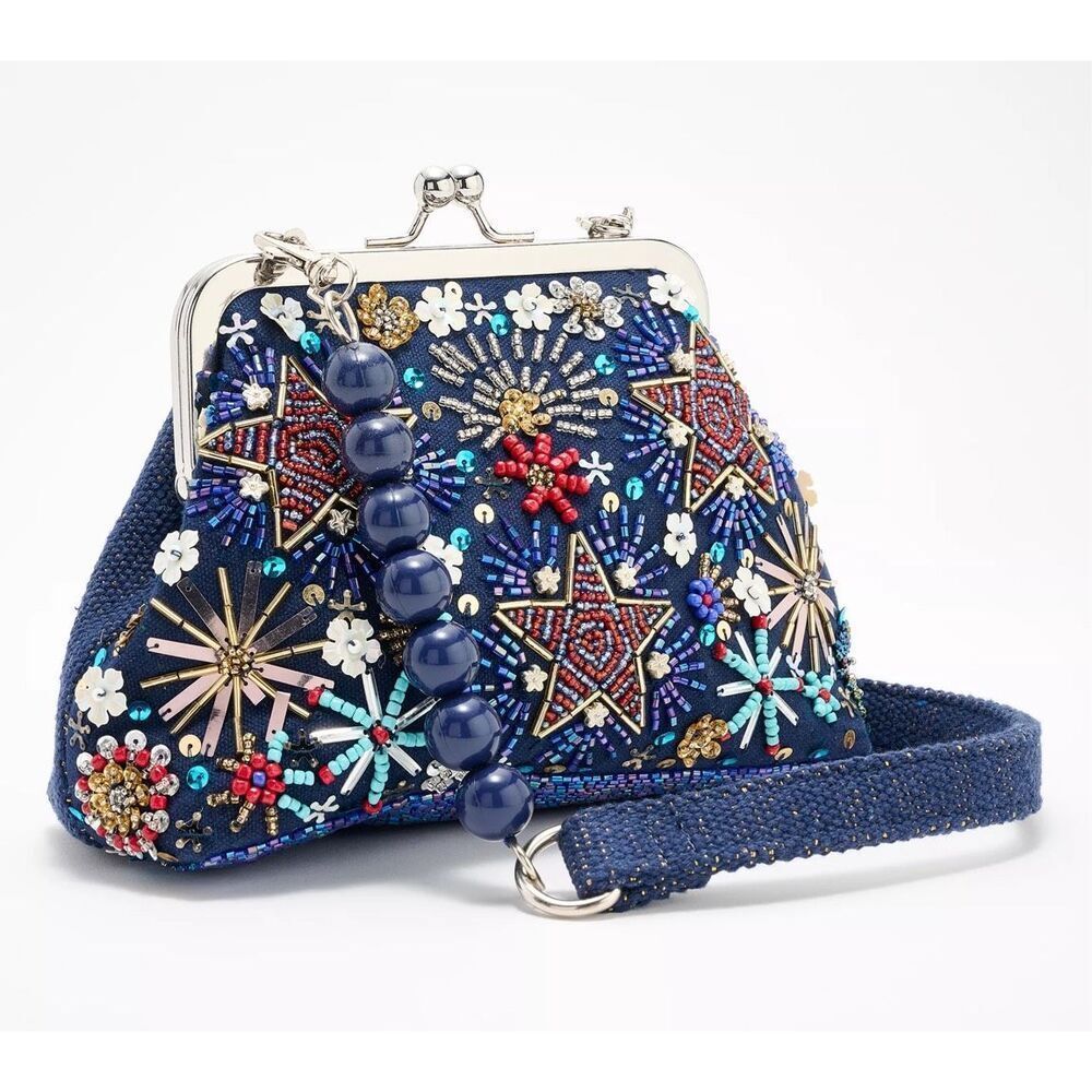 America & Beyond Beaded Frame Clutch with Shoulder Strap
